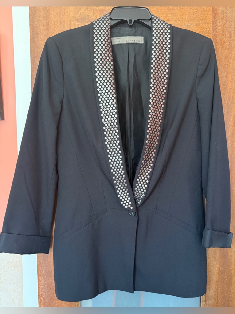 Zara Women Black Blazer Distinctive Silver Studded Lapel Rolled Cuffs Tuxedo